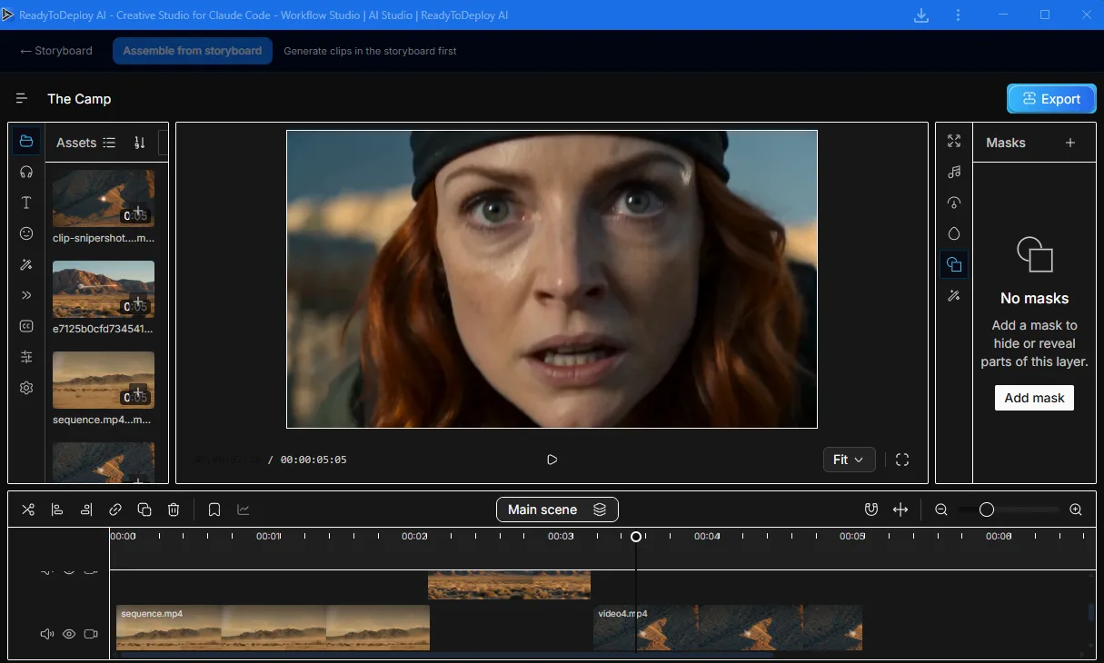 The ReadyToDeploy studio video editor: a project open on the multi-track timeline with live preview, effects and masks